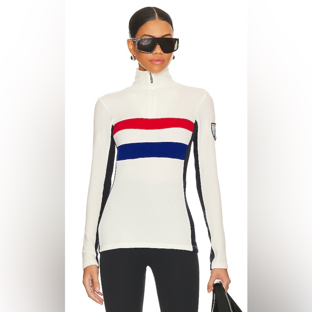 White Quarter-Zip Sweater with Red and Blue Stripes